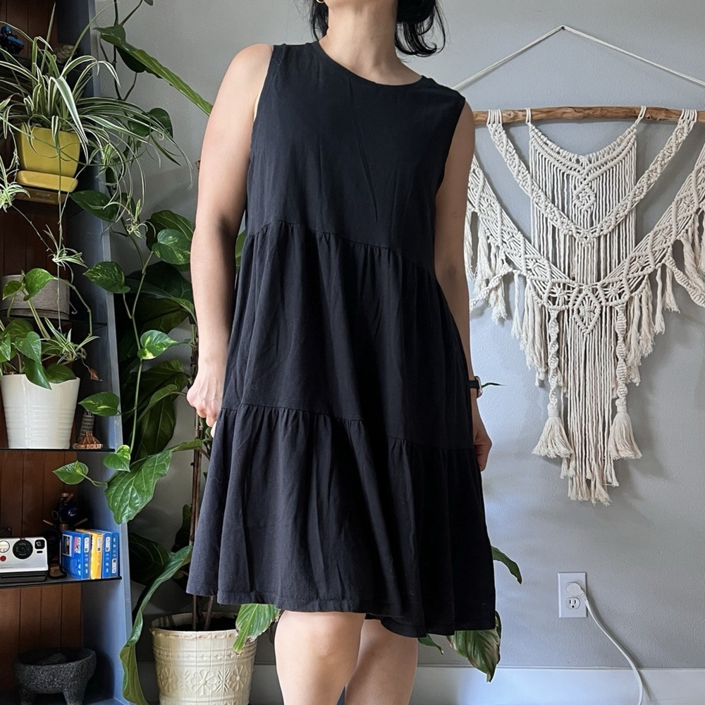 J.CREW Tiered Tank Dress Women L Black Cotton Summer Gathered Layers Round Neck